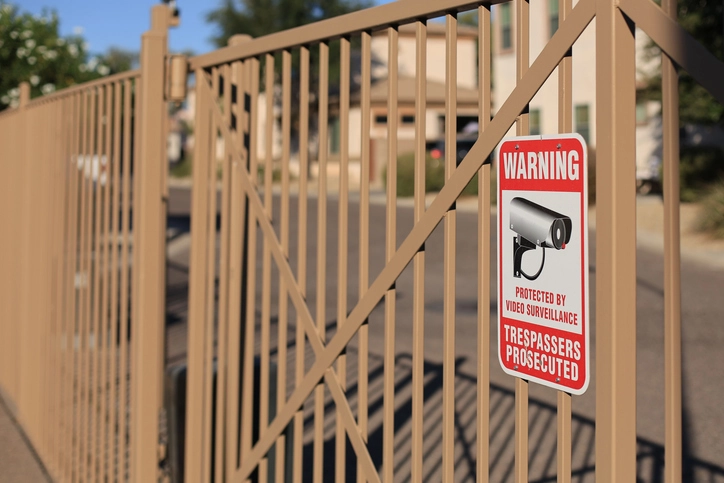 A video surveillance warning sign mounted on a commercial gate